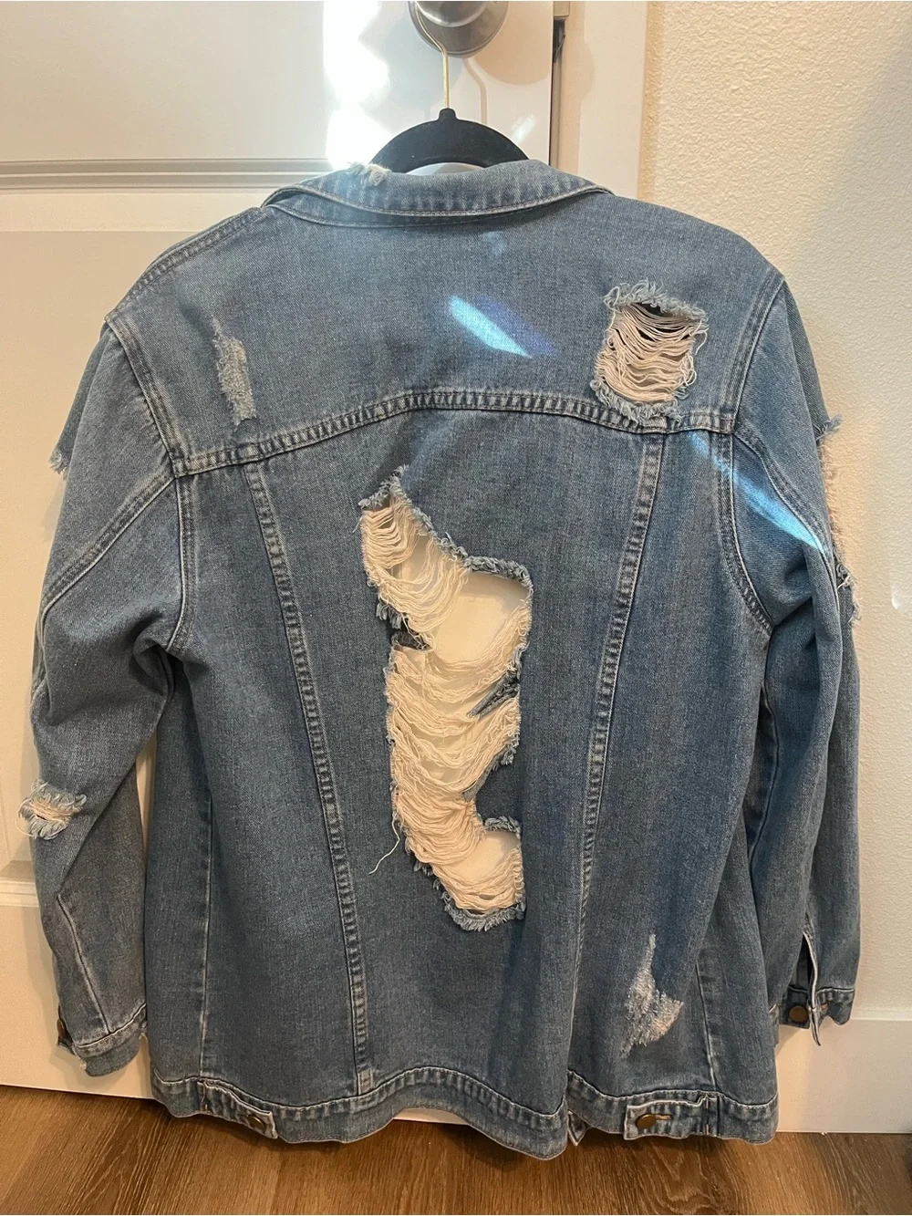 Fashion Nova Light Blue Distressed Denim Jacket with Heavy Shredding